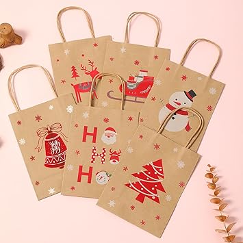 Photo 1 of 24 Pack Small Christmas Gift Bags with Handles, 6 Designs Christmas Kraft Paper Bags Bulk for Christmas Holidays Party Favors and Presents