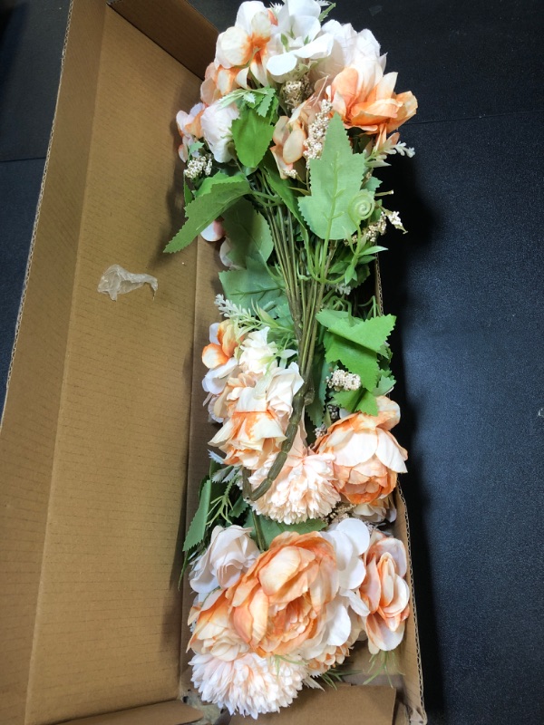 Photo 2 of ASTRYAS 4Pcs Peonies Artificial Flowers, Fall Decor, Fake Orange Peony Silk Hydrangea Flower Bouquet Rose Flowers Centerpieces for Decorationn Wedding Party Home Decor