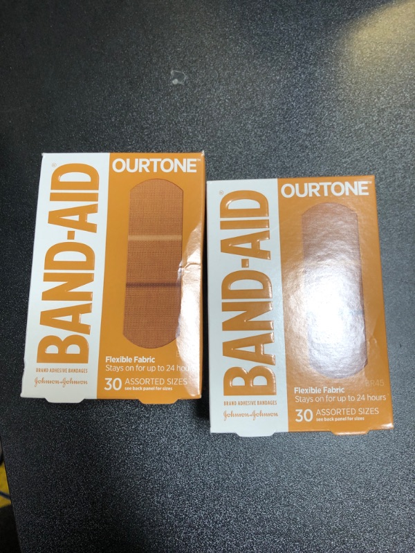 Photo 2 of 2 BOXBand-Aid Brand Ourtone Flexible Fabric Adhesive Bandages Flexible Protection Care of Minor Cuts Scrapes QuiltAid Pad for Painful Wounds Assorted Sizes, Br45, 30 Count