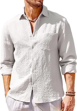 Photo 1 of Runcati Mens Casual Button Down Shirt Long Sleeve Untucked Hippie Lightweight Textured Tops
 