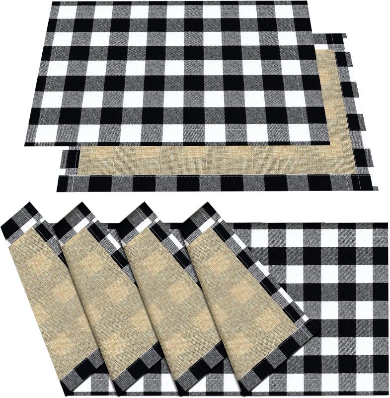 Photo 1 of 6 Pcs Black and White Buffalo Check Placemats Plaid Placemats, Checkered Washable Place Mats, Reversible Cotton Burlap Resistant Table Mats for Christmas Holiday Table Home Party Decoration
