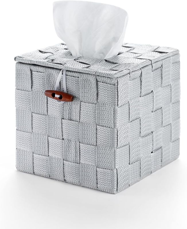 Photo 1 of 1 Pack Woven Tissue Box Cover Square with Lid, Cube Tissue Box Holder with Closing Bottom, Decorative Facial Tissue Cover, Tissue Holder for Bathroom, Home 