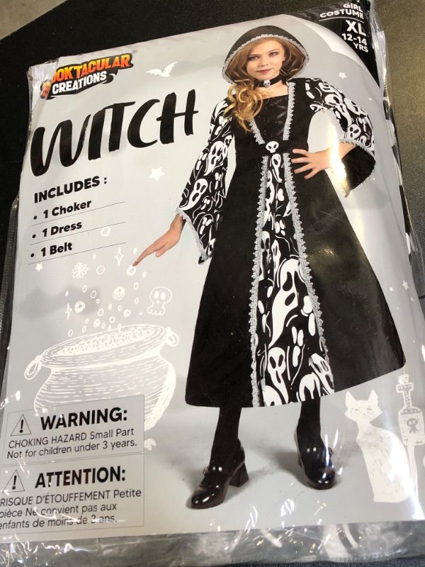 Photo 2 of Spooktacular Creations Witch Costume for Girls, Black Dark Witch Print Dress for Girls Halloween Dress Up and Role-Playing (X-Large(12-14 yrs))