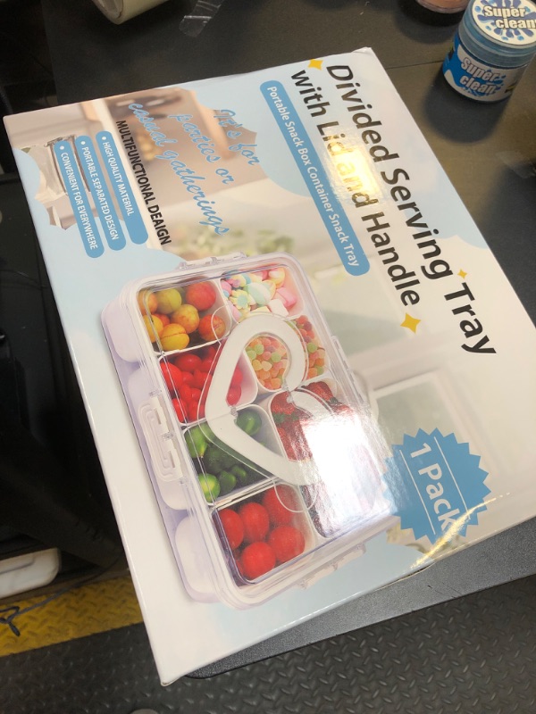 Photo 1 of Wuoerr Snack Box Container, Portable Snack Box Container, Divided Serving Tray with Lid and Handle Snackle Box, Clear Organizer for Veggie, Tray, Candy, Fruits, Nuts, Snacks (8 Compartments)