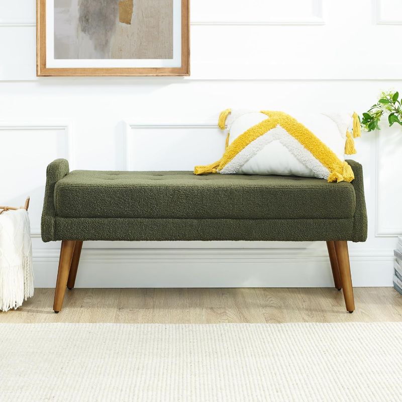 Photo 1 of BRAND NEW**Teddy Velvet Armrest Bench is Soft and Comfortable, with Dark Brown Wooden Legs That are Sturdy and Durable,inBedroom, Living Room, Family Room (Green)
