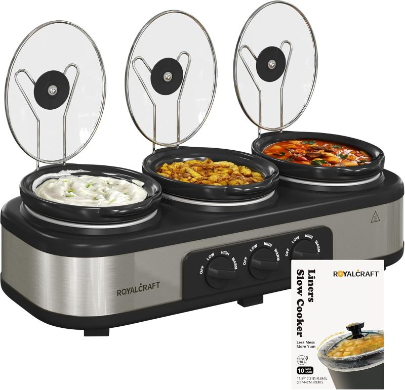 Photo 1 of BRAND NEW**Sunvivi Slow Cooker with 10 Cooking Liners, Triple Slow Cooker Buffet Server 3 Pot Food Warmer for Parties with 3 Spoons ? Lid Rests,Adjustable Temp, Total 4.5 QT Silver
