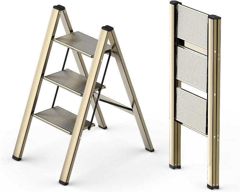 Photo 1 of WOA WOA 3 Step Ladder, Folding Step Stool with Wide Anti-Slip Pedals, Aluminum Lightweight Ladder, Portable Stepladders for Home, Kitchen, Office 300lbs - Gold
