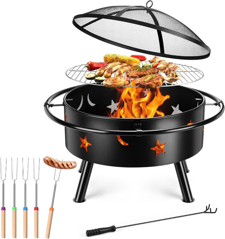 Photo 1 of BRAND NEW**30 Inch Outdoor Fire Pit, Leonyo Wood Burning Fire Pits with Mesh Lid, Outdoor Fire Pits with Poker & 5 Roasting Sticks, Round FirePits for Outside Bonfire Backyard BBQ
