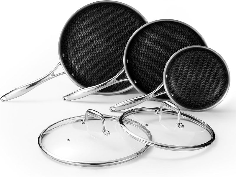 Photo 1 of NEW**COMPLETE**DELUXE Hybrid Nonstick Fry Pan Set 5-Piece, 8, 10 and 12-Inch Frying Pan Cookware Set with Glass Lids, Skillet with Stay-Cool Handles, Dishwasher&Oven Safe, PFOA Free Compatible with All Cooktops
