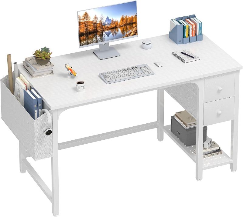 Photo 1 of Lufeiya White Small Desk with Fabric Drawers, 47 Inch Computer Desk for Small Space Home Office, Modern Simple Study Writing Table PC Desks, White
