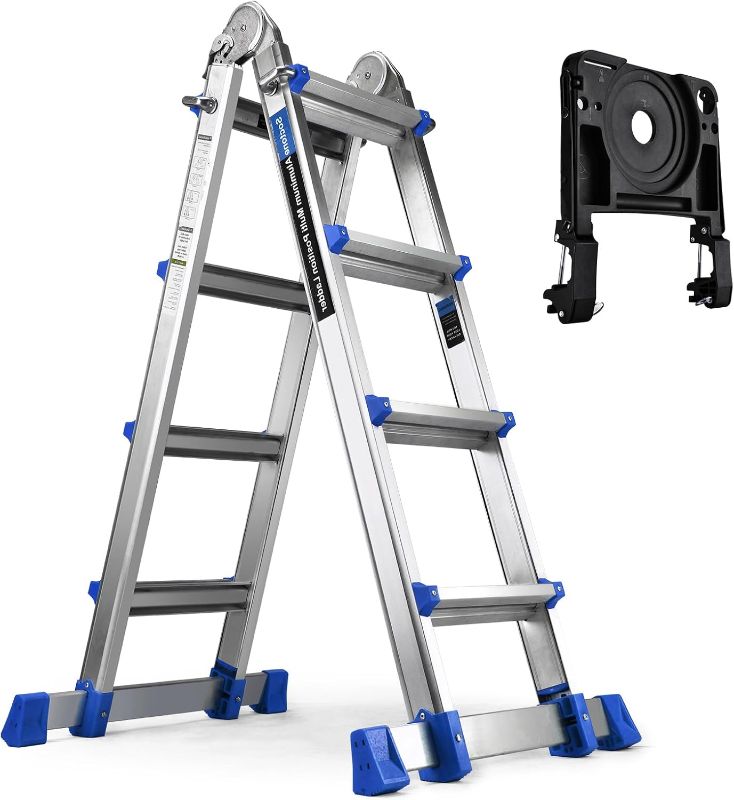 Photo 1 of HBTower Ladder, A Frame 4 Step Extension Ladder, 14 Ft Multi Position Ladder with Removable Tool Tray and Stabilizer Bar, 330 lbs Capacity Telescoping Ladder for Household and Outdoor Work
