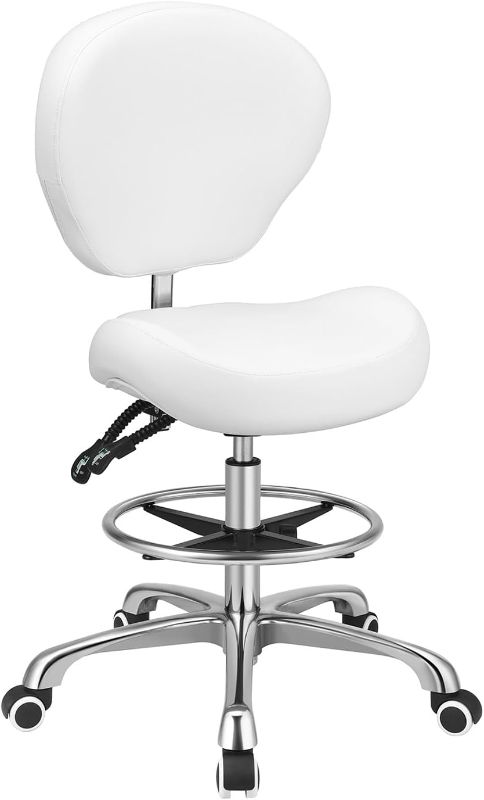 Photo 1 of Kaleurrier Adjustable Height Drafting Stool Drafting Chair with Backrest & Foot Rest,Swivel Rolling Stools,for Work Studio,Dental,Office,Salon and Counter,Tall Home Desk Chairs (White)
