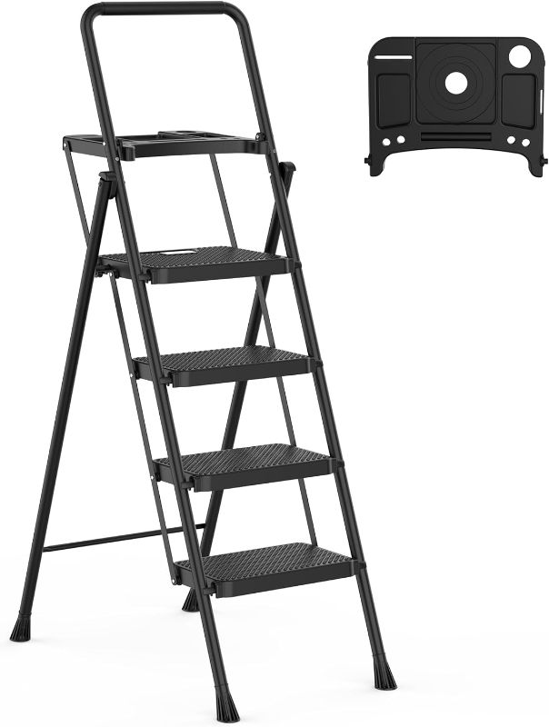 Photo 1 of HBTower 4 Step Ladder, Folding Step Stool with Wide Anti-Slip Pedal, Sturdy Steel Ladder, Convenient Handrail, Lightweight, Portable Steel Step Stool
