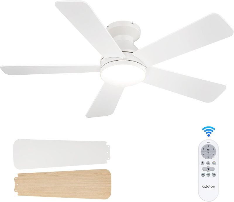 Photo 1 of addlon Ceiling Fans with Lights, 42 Inch Low Profile Ceiling Fan with Light And Remote Control, Flush Mount, Reversible, 3CCT, Dimmable, Quiet, White Small Ceiling Fan for Bedroom Indoor/Outdoor Use
