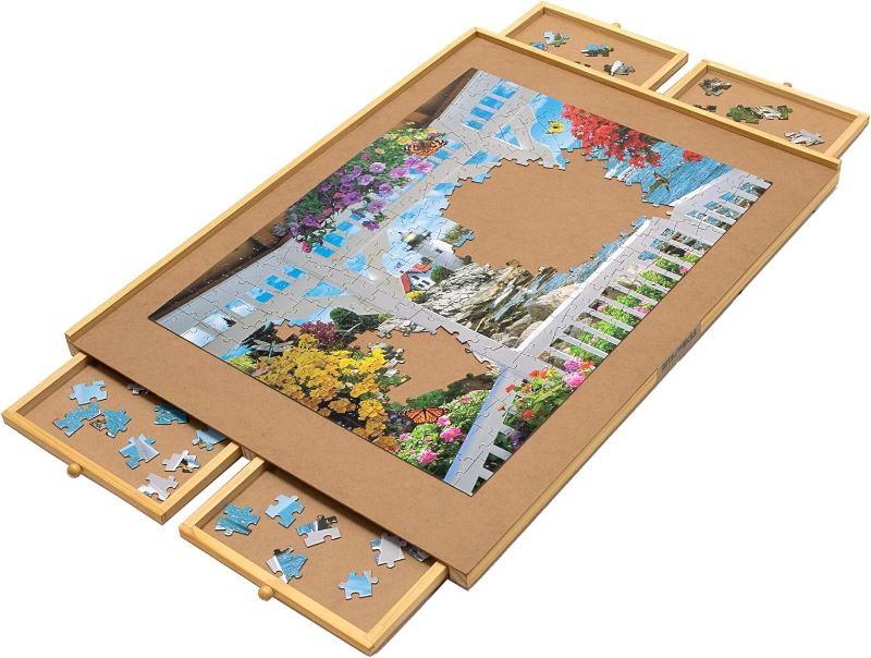 Photo 1 of Bits and Pieces Puzzle Board with Drawers - 1500 Piece Jigsaw Puzzle Table Organizer Smooth Non-Slip Wooden Puzzle Board 26"x35" Portable Sorting Tray
