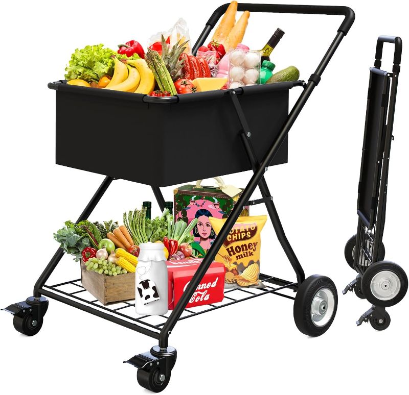 Photo 1 of [2024New] Shopping Cart with Wheels, Folding Shopping Cart for Groceries, Waterpoof Grocery Cart Liner, Portable Heavy Duty Utility Cart for Shopping, Grocery, Laundry
