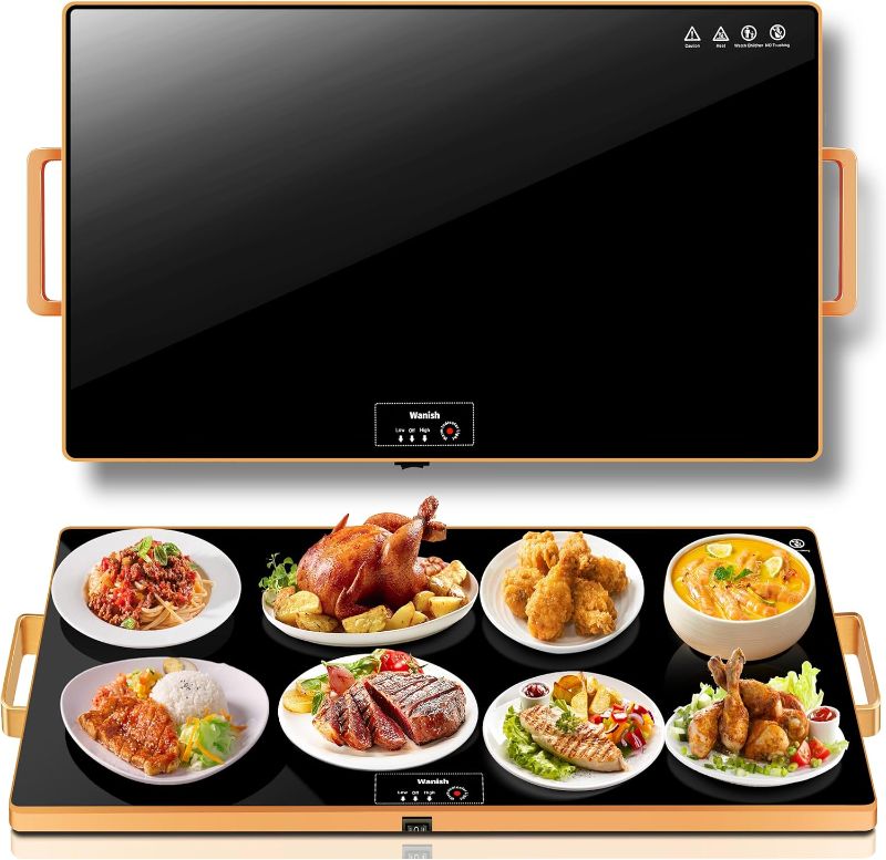 Photo 1 of Electric Warming Tray?XXL 32”x18”??Food Warmer with Thermostat and Full Surface Heating?Food Warming Mat with 2 Temperature Modes for Parties Buffet?Gatherings?Gold Edge Handles Warming Mat for Food
