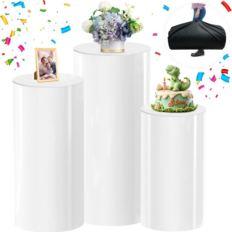 Photo 1 of Cylinder Stands for Party - 3pcs White Pedestal Stand(with Storage Bag), Cilindros Para Fiestas Redondos Blancos, Round Display Plinth Cake Tables for Parties Birthday Wedding
