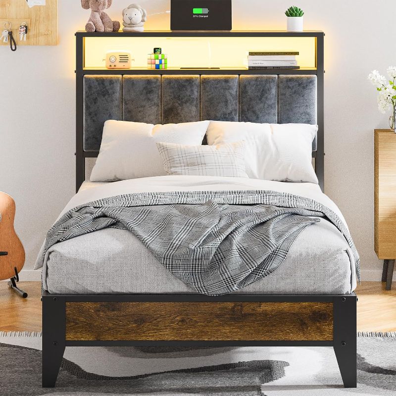 Photo 1 of OLEVS Twin Bed Frame with LED Light Storage Headboard and Charging Station Type C, Metal Platform Bed Twin Size,No Box Spring Needed, Noise Free, Easy Assembly
