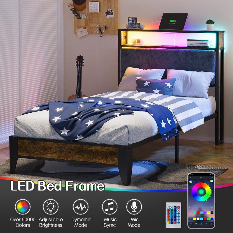 Photo 2 of OLEVS Twin Bed Frame with LED Light Storage Headboard and Charging Station Type C, Metal Platform Bed Twin Size,No Box Spring Needed, Noise Free, Easy Assembly
