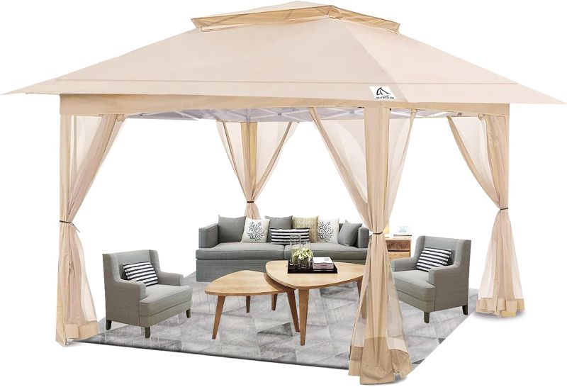 Photo 1 of Gazebo 12'x12' Outdoor Gazebo, Pop Up Patio Gazebo with 4 Sidewalls Mosquito Netting, Heavy Duty Gazebo Canopy Tent with Double Air Roofs for Backyard Garden Parties and Events, Beige
