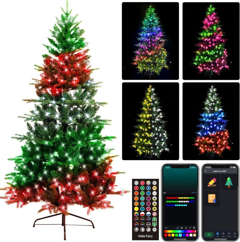 Photo 1 of 6FT Smart Prelit Christmas Tree DIY Color Changing, Artificial Christmas Tree App Control 100+ Chasing Effect Music Sync Lighted Tree Easy to Assemble for Home Party Xmas Decorations
