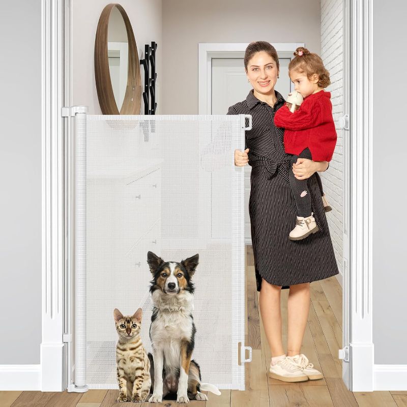 Photo 1 of 48 Inch Extra Tall Retractable Baby Gates, Extends to 55" Wide, Extra Tall Dog Gate for Doorways Indoor Tall Mesh Gate Extra Tall Pet Gate for Cats - Upgraded Height to Prevent Jumping Over, White
