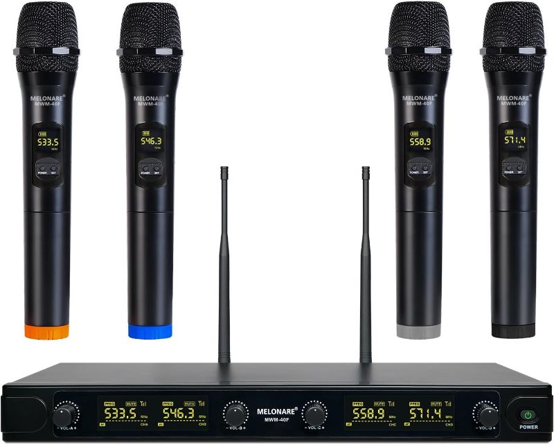 Photo 1 of UHF Wireless Microphone System, Quad-Channel Wireless Mic Set w/ 4 Handheld Dynamic Microphones, Color Coded Microphone for Singing, Home Karaoke, DJ, Church, Wedding (MWM-40F)
