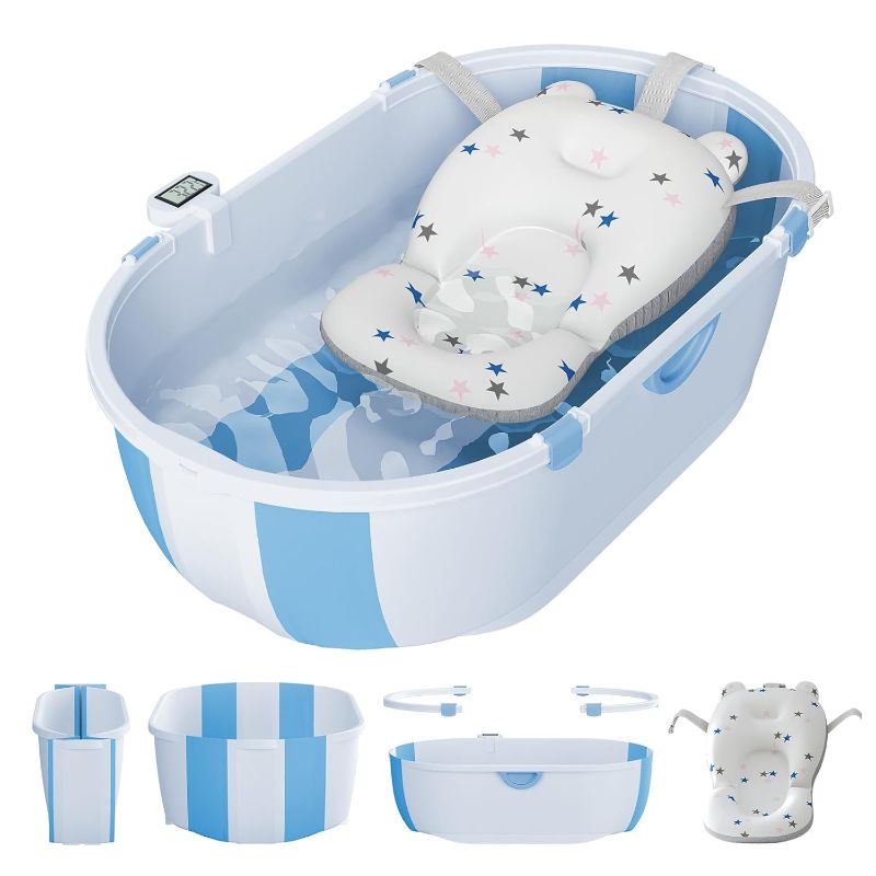 Photo 1 of Collapsible Baby Bathtub for Infants to Toddlers with Soft Bath Cushion Foldable Baby Bath Tub with Thermometer and Drain Outlet, Baby Tub for Toddlers 0-6 Years Boys and Girls (Blue)
