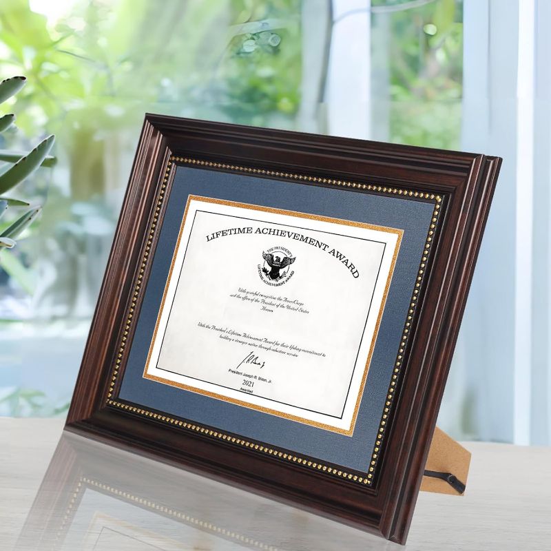 Photo 1 of Hikuada Diploma Frame 8.5 x 11 with Blue over Gold Mat or Display 11x14 Document without Mat,Certificate,Degree,Graduation Gifts, Mahogany with Gold Beads,Wall Mount&Tabletop Display ?
