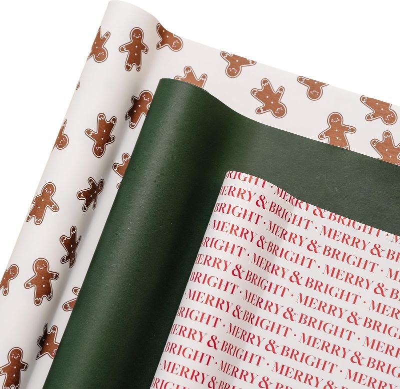 Photo 1 of Merry Market 3-pack Premium Matte Christmas Wrapping Paper, Minimal Holiday Gift Wrap, Gingerbread, Solid Green and Merry & Bright - 30” x 168” per roll, 105 square feet total
