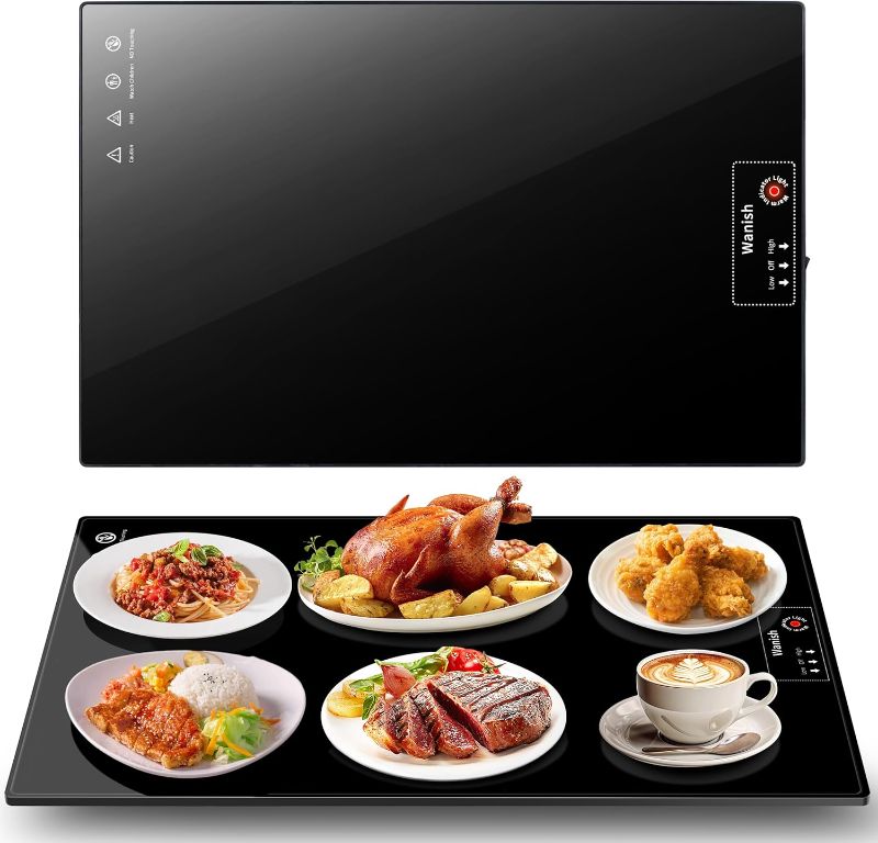 Photo 1 of Electric Warming Tray Large 22”x14” Food Warmer with Thermostat and Full Surface Heating Food Warming Mat with 2 Temperature Modes for Parties Buffet Gatherings Heat Resistant Glass Black
