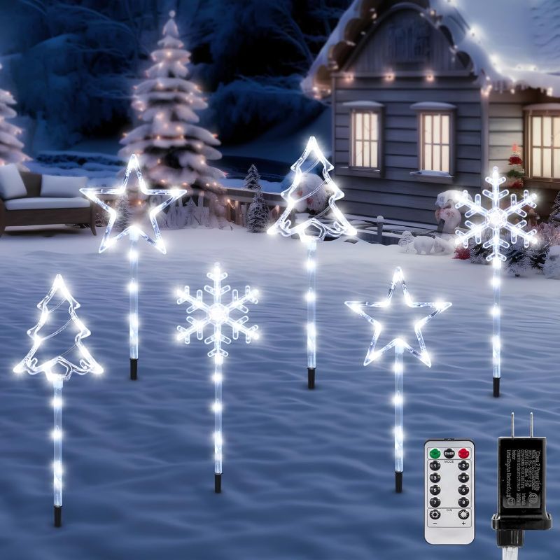 Photo 1 of 6 Pack Plug in Christmas Pathway Lights Outdoor Decorations with Timer,8 Modes White Xmas Snowflake Waterproof Led Garden Stake Lights for Walkway Porch Yard Lawn Holiday Decor
