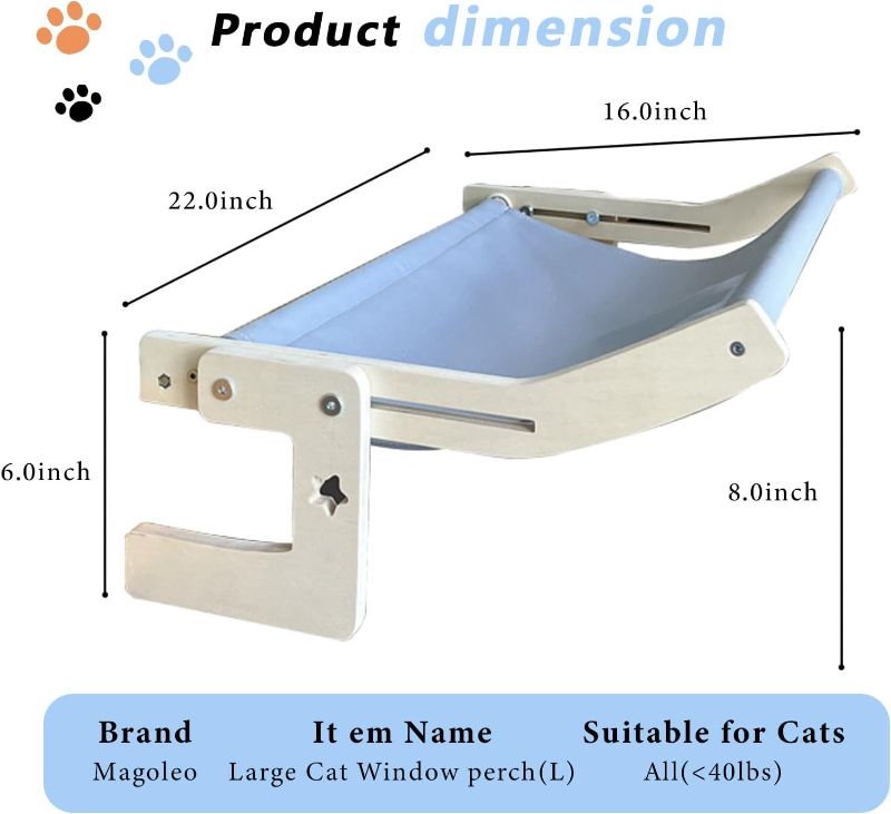 Photo 2 of Cat Window Perch, Cat Window Bed&Seat for Large Indoor Cats Inside, Easy to Adjust&Assemble Cat Bedside Hammock for Windowsill, Bedside and Drawer (Blue, Large)
