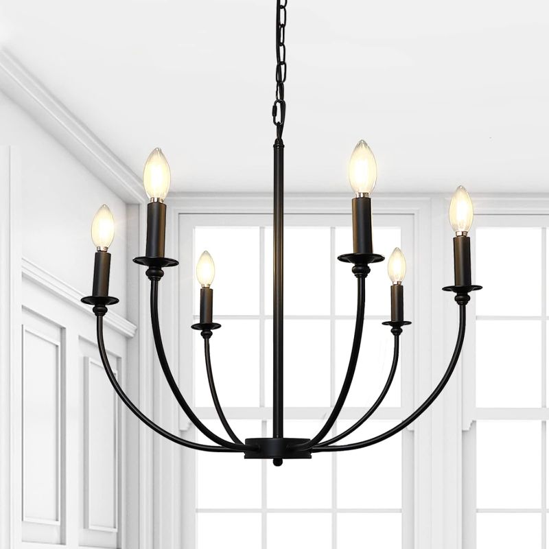 Photo 1 of Depuley 6-Light Black Farmhouse Chandelier, Industrial Meatl Chandelier Lighting Fixtures Hanging, Classic Candle Pendant Light Fixture for Dining Room Kitchen Bedroom Entryway Foyer, E12
