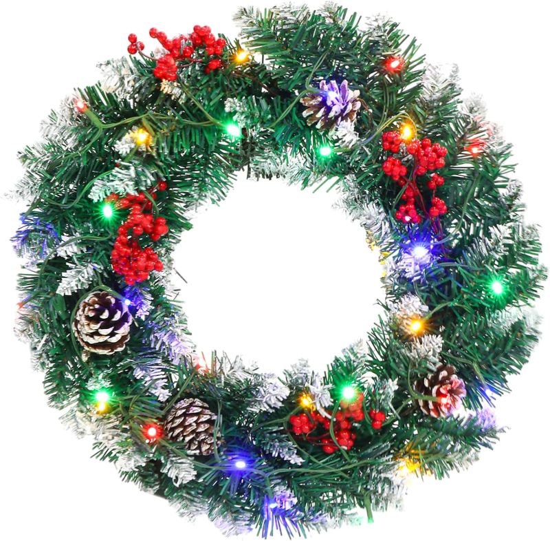 Photo 1 of Christmas Wreath, 18in Outdoor Lighted Wreaths for Christmas, Front Door Christmas Wreaths with 30 LED, Pre-Lit Battery Powered Christmas Door Decorations with Pine Cones, Berry Clusters
