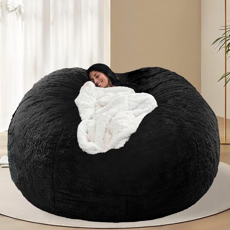 Photo 1 of Oversized Bean Bag Cover Comfy Beanbag Chair for Adults Without Filler Faux Fur Lazy Sofa Cover for Living Room Chairs, Black, 5FT
