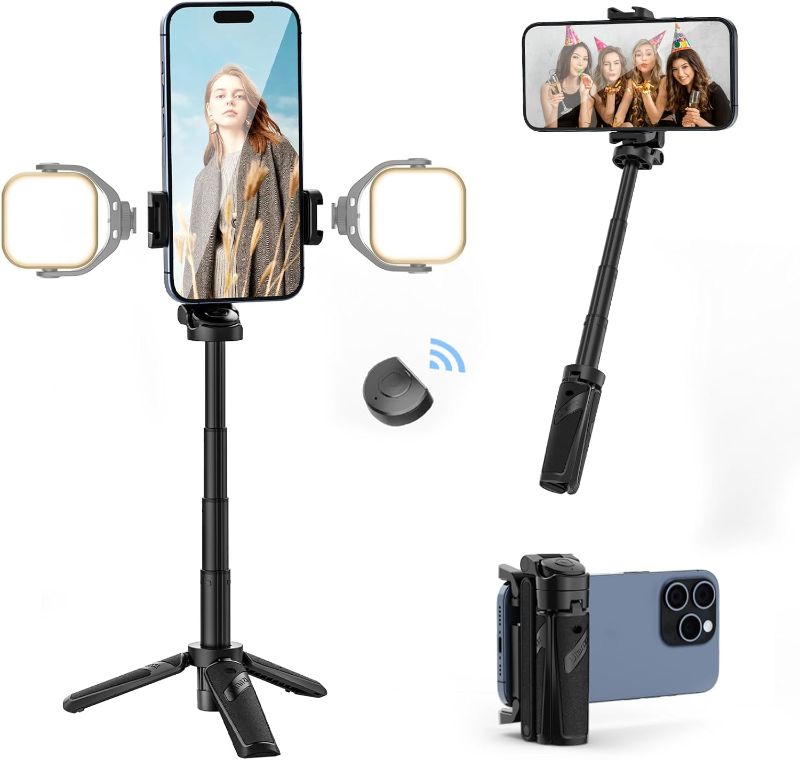 Photo 1 of Selfie Stick Tripod, Extendable Grip Phone Tripod with Detachable Remote Pocket Size, 3-in-1 Mini Phone Grip 2 Cold Shoe, 10m/393.7'' Wireless Shutter, Vlog Livestreaming Photography