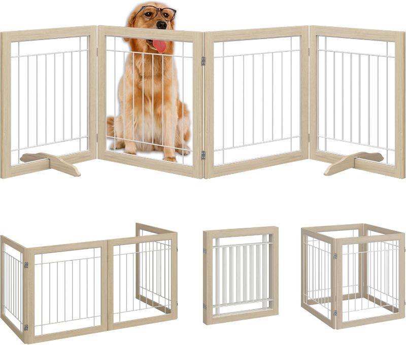 Photo 1 of Vantas Folding No-Assembly Pet Gate 96" Wide, 30" Tall Wooden Dog Gate, Freestanding Wire Pet Gate, Pet Puppy Safety Fence, with 2PCS Support - Natural White
