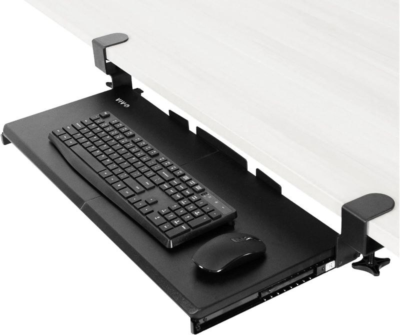 Photo 1 of Keyboard Tray Under Desk Pull Out with Extra Sturdy C Clamp Mount System, 27 (33 Including Clamps) x 11 Inch Slide-Out Platform Computer Drawer for Typing, Black, MOUNT-KB05E

