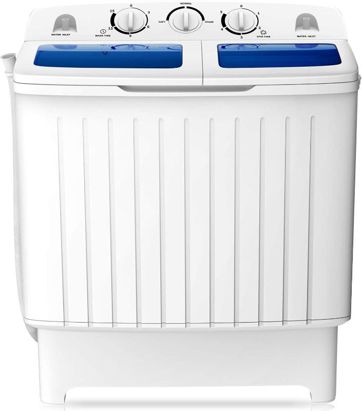 Photo 1 of COSTWAY Portable Washing Machine, Twin Tub 18 Lbs Capacity, Washer(11 Lbs) and Spinner(7 Lbs), Durable Design, Timer Control, Compact Laundry Washer for RV, Apartments and Dorms, Blue+White
