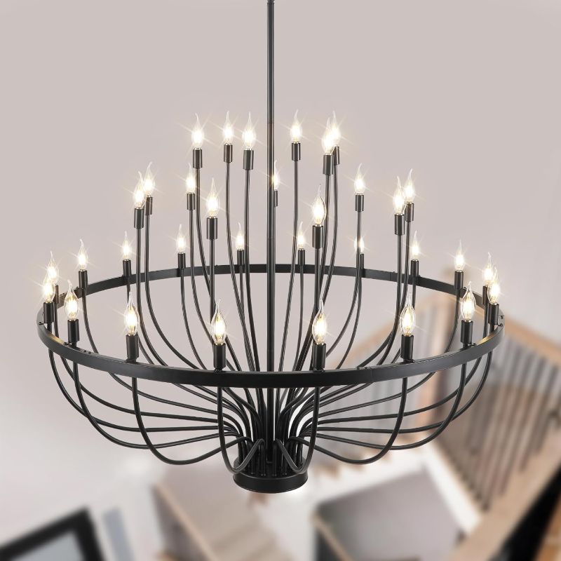 Photo 1 of Black Farmhouse Chandelier 33 Light, Large Wagon Wheel Chandeliers 3 Tier 48 Inch, Rustic Round Candle Modern Chandelier for Dining Room High Ceilings Living Room Hallway Entryway Foyer
