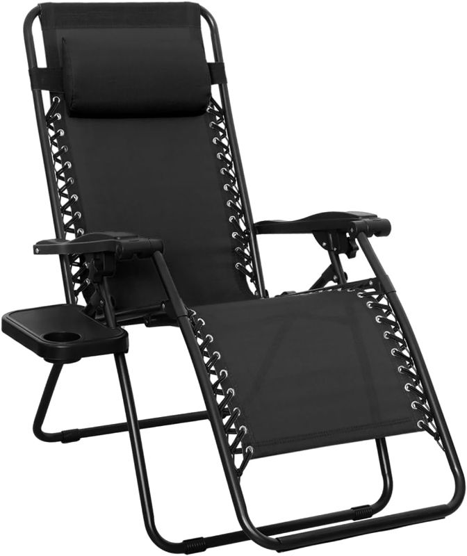 Photo 1 of Sweetcrispy Zero Gravity Chairs, 1 chair  Portable Recliner Beach Camping Patio Outdoor Folding Lounge Chair with Cup Holder Trays and Adjustable Pillow for Poolside, Garden, Backyard, Lawn (Black)
