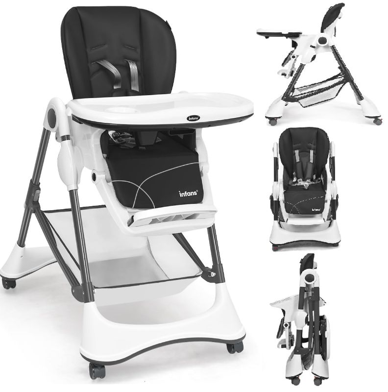 Photo 1 of INFANS High Chair with One-Hand Removable Tray, 4 Lockable Wheels & Large Storage Basket - Multi-Adjustable Height, Recline & Footrest, Removable Cushion, Foldable for Baby, Infant& Toddler, Grey
