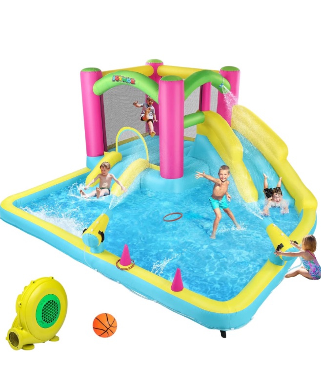 Photo 1 of BRAND NEW**DESIGN MAY VARY**JOYMOR Inflatable Bounce House with Double Water Slide for Kids Toddler Age 3-10, Splash Pool Water Guns Ring-Toss Game for Outdoor Backyard Fun Water Toys Indoor Bouncy Castle with Air Blower