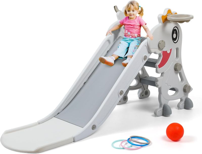 Photo 1 of Indoor Slide for Toddlers 1-3, Foldable Kids Toddler Indoor Slide Playset, Indoor and Outdoor Playground, Toddler Climber Playset with Basketball Hoop and Ring Toss(White)
