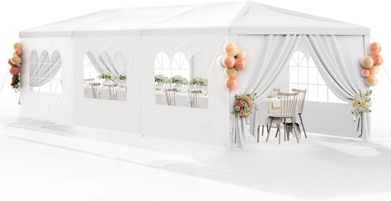 Photo 1 of 10x30 White Outdoor Party Tent with 8 Removable Sidewalls Outdoor Tents for Parties Gazebo Canopy Tent Event Tent for Wedding, Birthday, Garden Parties and Backyard Patio BBQ Camping
