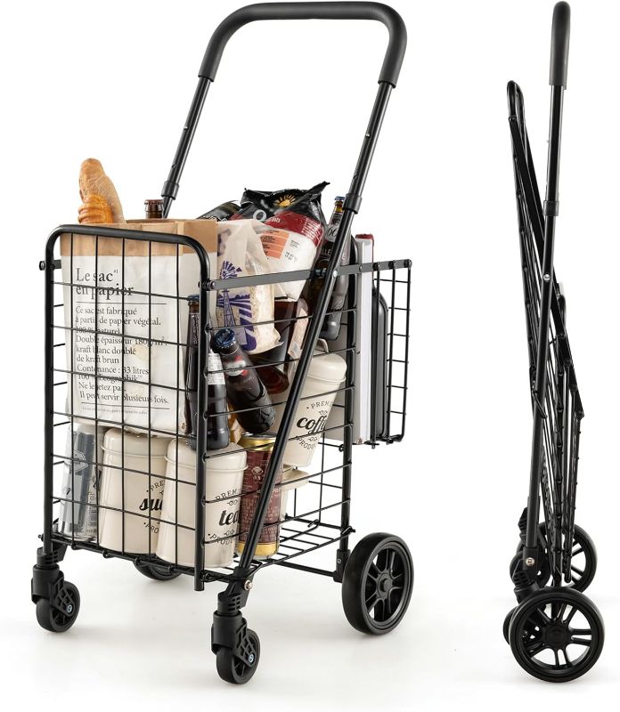Photo 1 of Goplus Folding Shopping Utility Cart, Double Basket and 360° Swivel Wheels, Adjustable Handle, Small Cart Perfect for Grocery Laundry Book Luggage Travel
