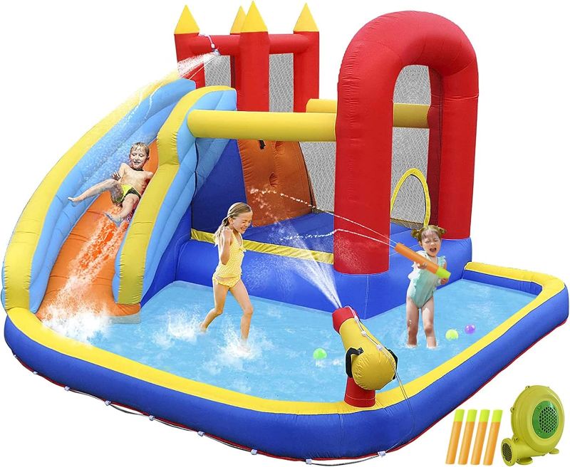 Photo 1 of JOYLDIAS Inflatable Water Slide Bounce House,Slide Bouncer Castle Playhouse w/Splash Pool,Jump Area, Climbing Wall,Basketball Hoop,450W Air Blower for Kids Backyard Indoor Outdoor Use,Free Water Gun