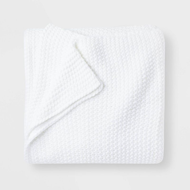 Photo 1 of Full/Queen Chunky Knit Bed Blanket White - Casaluna™: Acrylic Sweater Knit, Machine Washable, No Style Assigned
